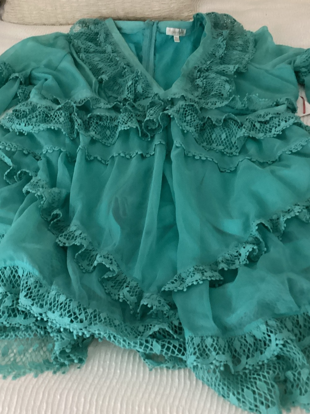 Rachel Pally Teal Lace-Trim Ruffle Mini Dress